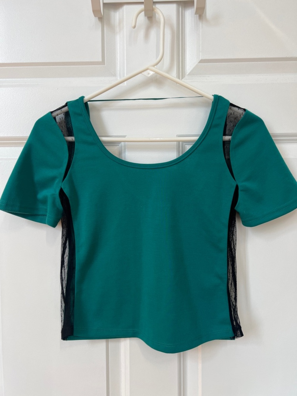 Lucca Couture Teal Short Sleeve Scoop Neck Crop Top with Black Mesh Panels